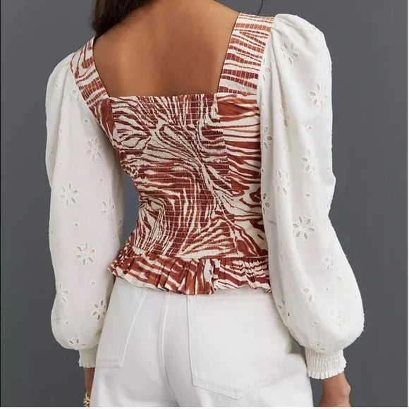 Anthropologie Love The Label Smocked Eyelet Puff Sleeve Blouse Top