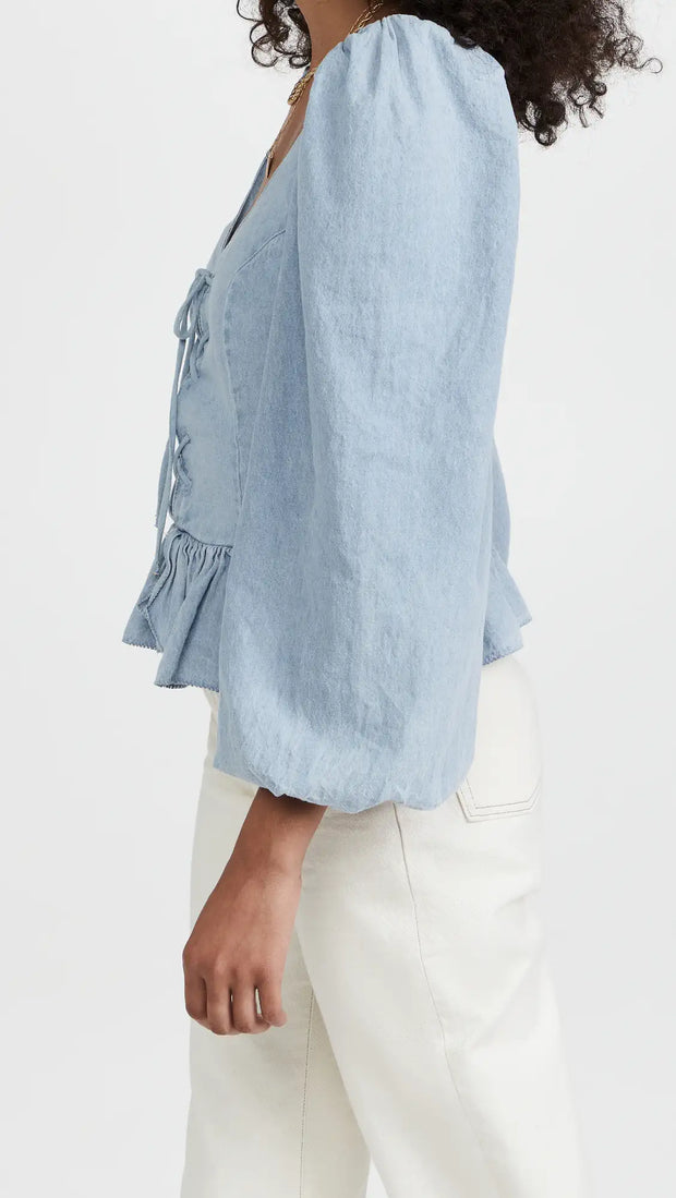 Love The Label Anthropologie Denim Puff Sleeve Blouse Top