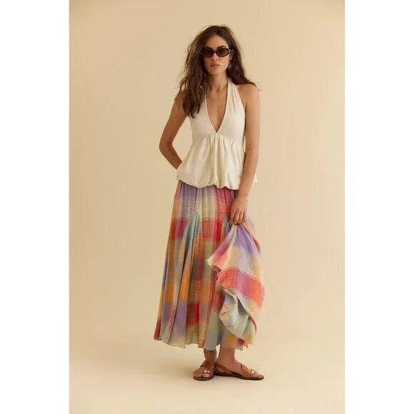 Free People Madras That Linen Maxi Skirt
