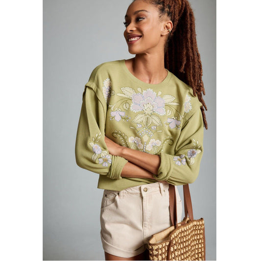 By Anthropologie Floral Embroidered Cotton Sweatshirt Top
