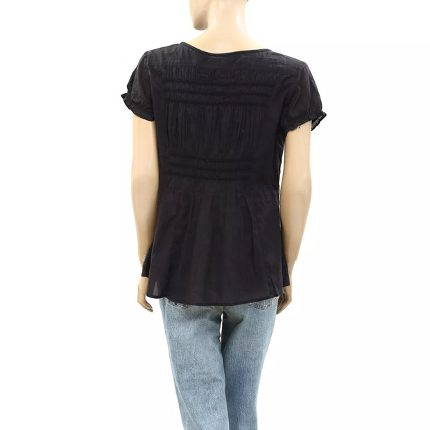 Odd Molly Anthropologie Blouse Top Black Smocked Ruched