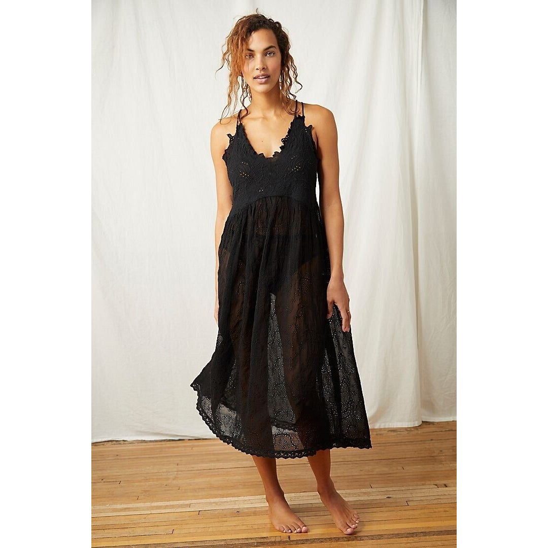 Dolly Embroidered Slip at Free People in Black, Size: M