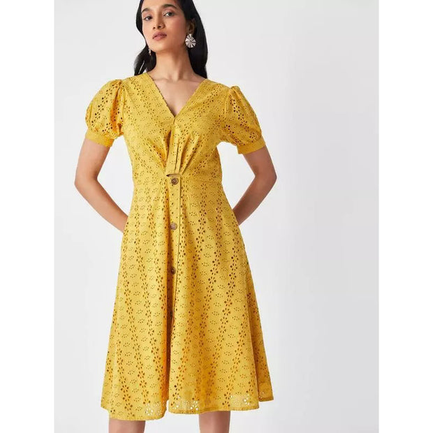 The Label Life Mustard Schiffli Overlap Mini Dress