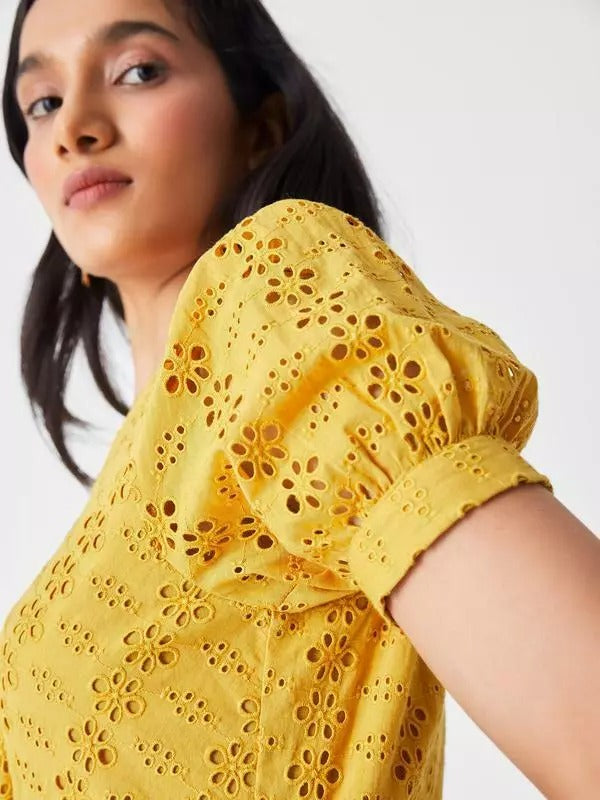 The Label Life Mustard Schiffli Overlap Mini Dress