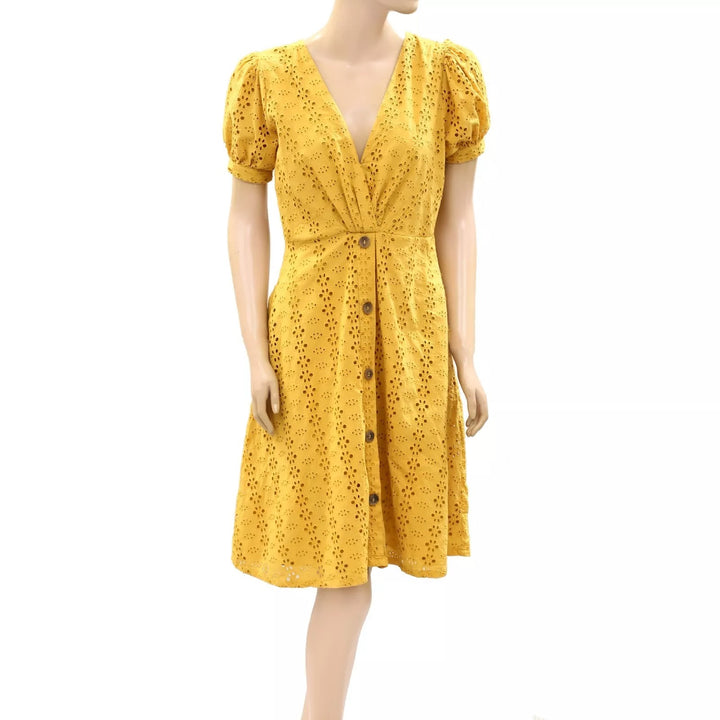 The Label Life Mustard Schiffli Overlap Mini Dress