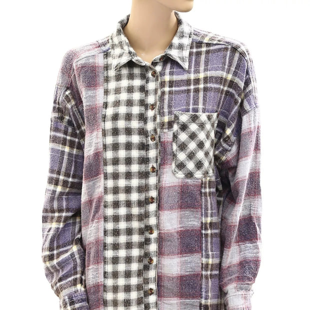 BDG Urban Outfitters Robbie Spliced Flannel Button-Down Shirt Top