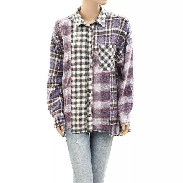 BDG Urban Outfitters Robbie Spliced Flannel Button-Down Shirt Top