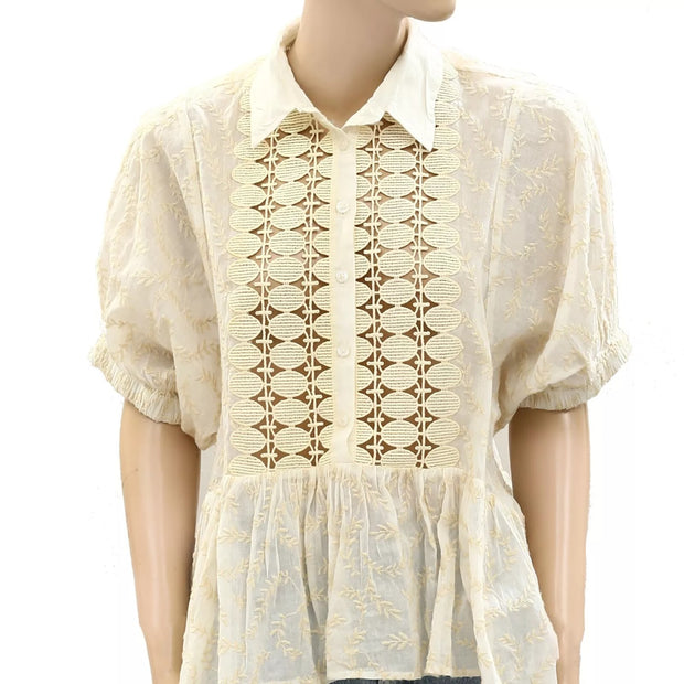 By Anthropologie Lace-Placket Babydoll Blouse Top