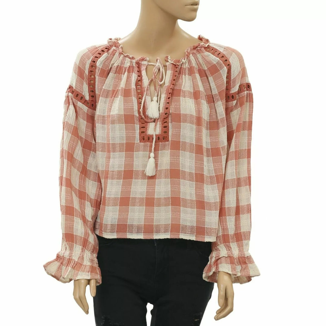 WC-37 267426 Free People Honey Grove Plaid Blouse Shirt Top Cotton Cutout Lace XS New