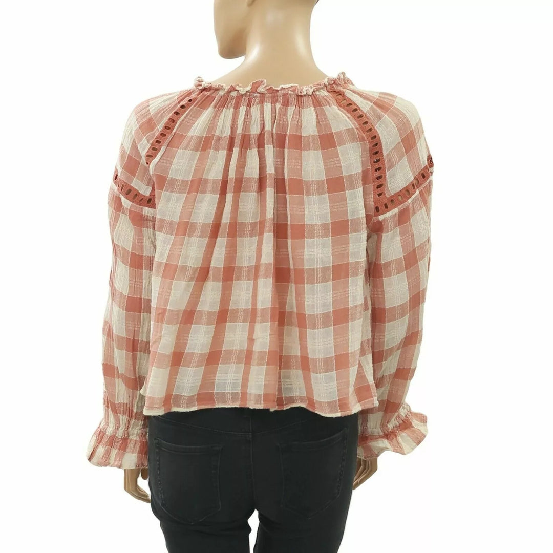WC-37 267426 Free People Honey Grove Plaid Blouse Shirt Top Cotton Cutout Lace XS New