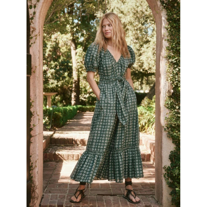 The Great. Dakota Palm Leaf Bandana Puff-Sleeve Midi Dress