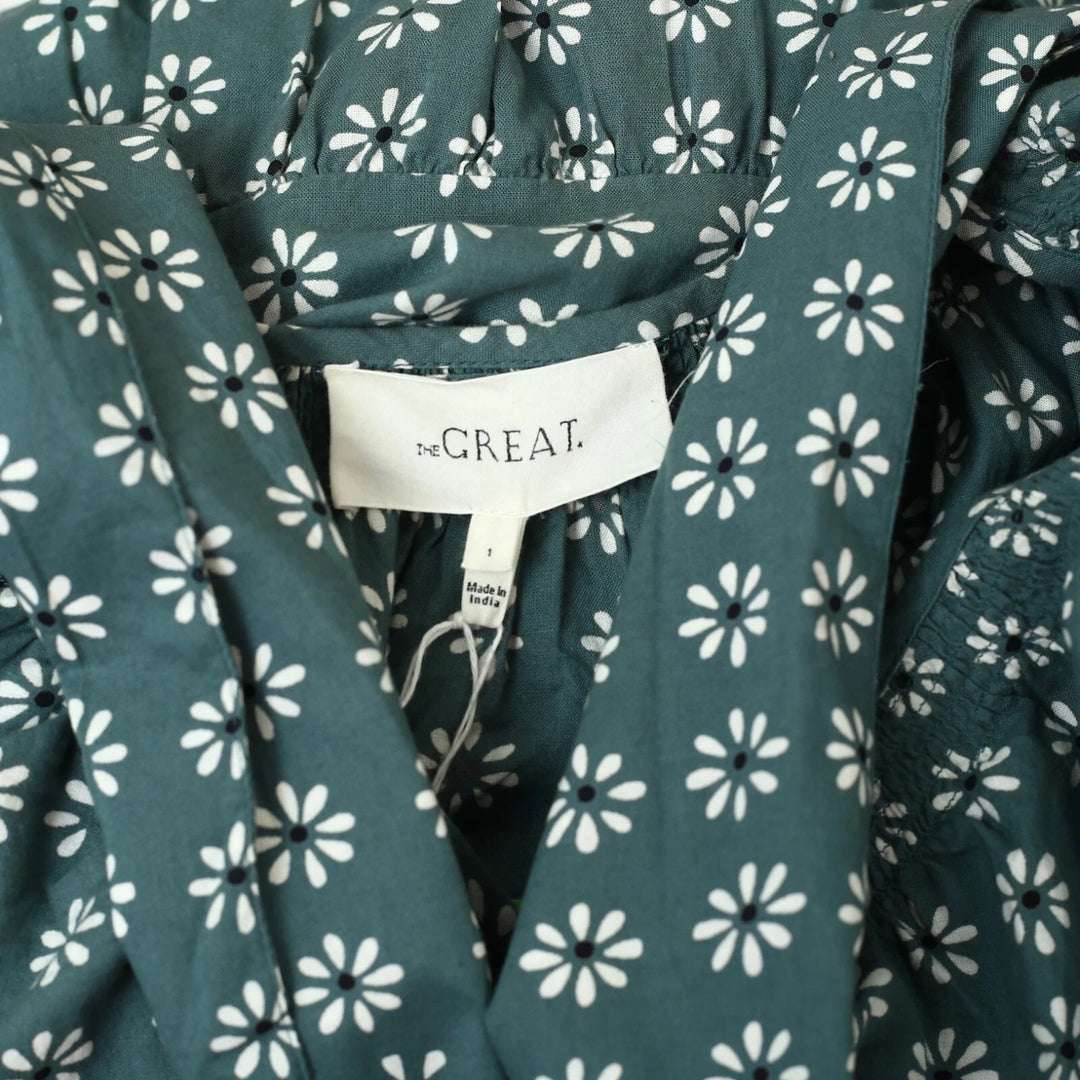 The Great. Dakota Palm Leaf Bandana Puff-Sleeve Midi Dress