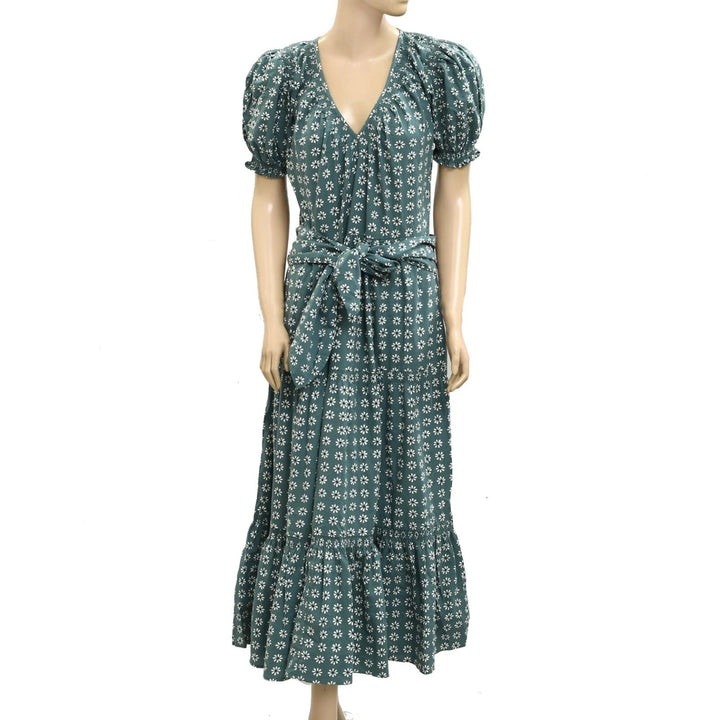 The Great. Dakota Palm Leaf Bandana Puff-Sleeve Midi Dress