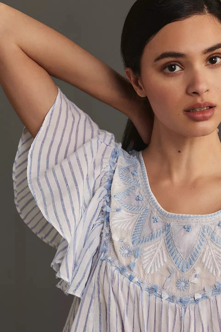 By Anthropologie Embroidered Flutter Sleeve Blouse Top