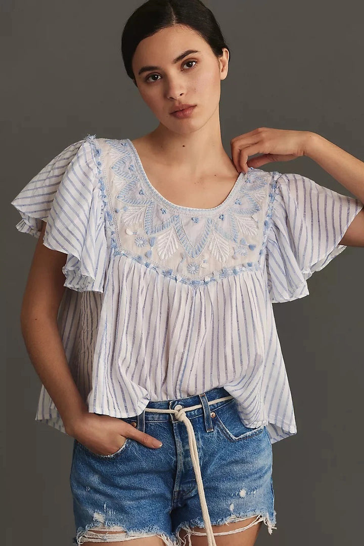 By Anthropologie Embroidered Flutter Sleeve Blouse Top