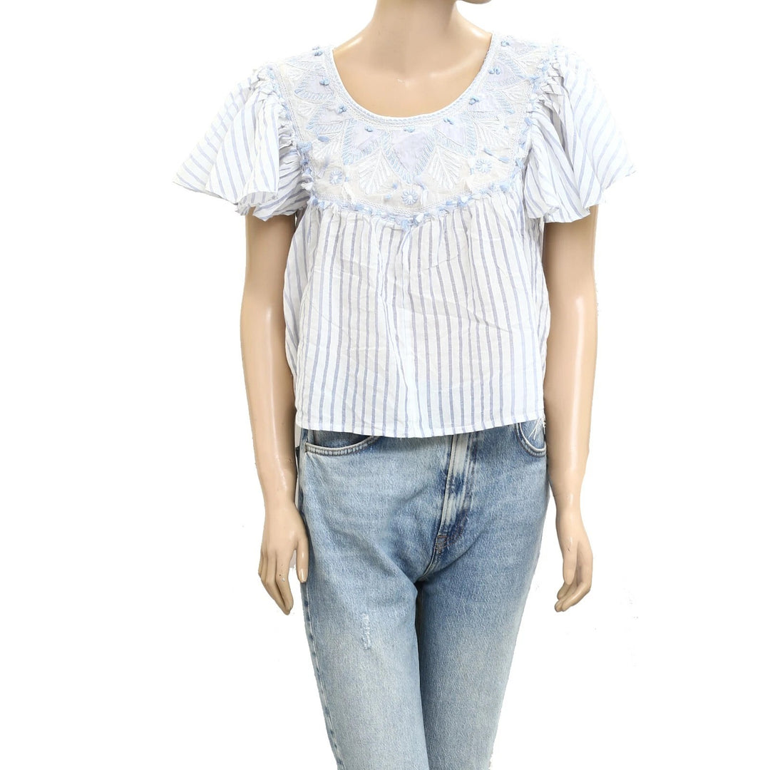 By Anthropologie Embroidered Flutter Sleeve Blouse Top