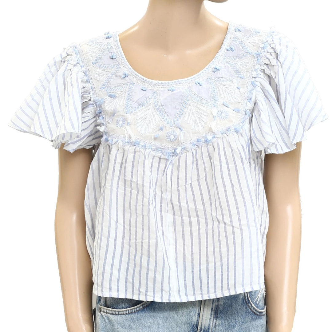 By Anthropologie Embroidered Flutter Sleeve Blouse Top