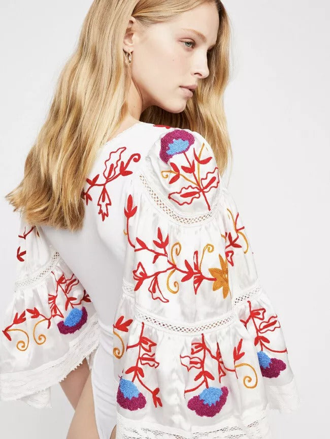 Free People Sunny Meadow Floral Embroidered Bodysuit Top