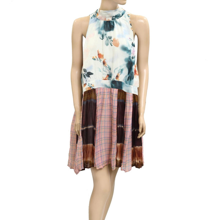 By Anthropologie Maeve Gingham Floral Printed Halter Mini Dress