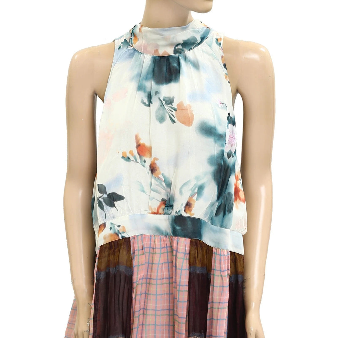 By Anthropologie Maeve Gingham Floral Printed Halter Mini Dress