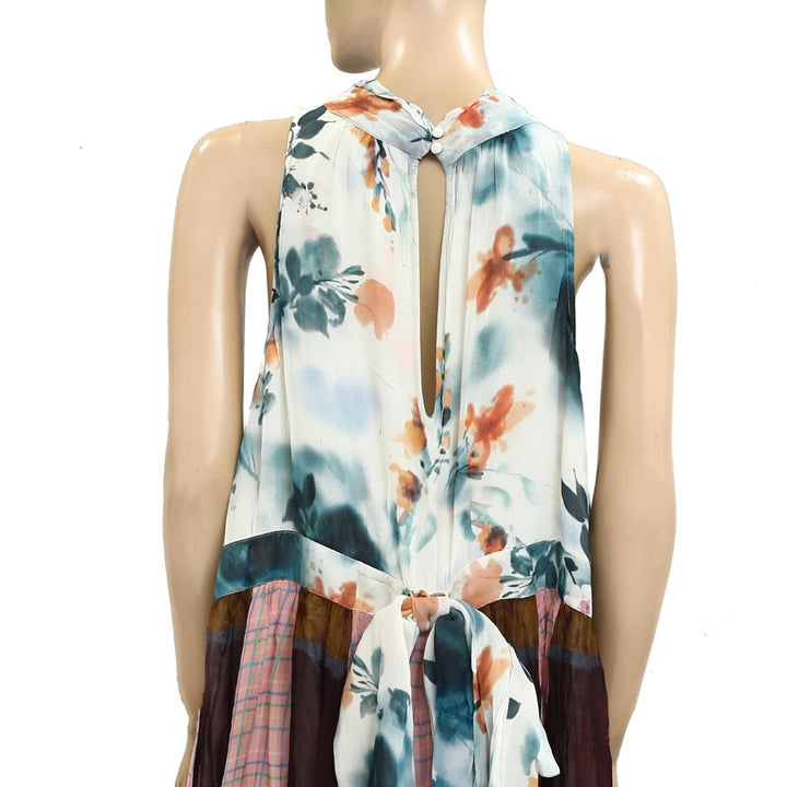 By Anthropologie Maeve Gingham Floral Printed Halter Mini Dress