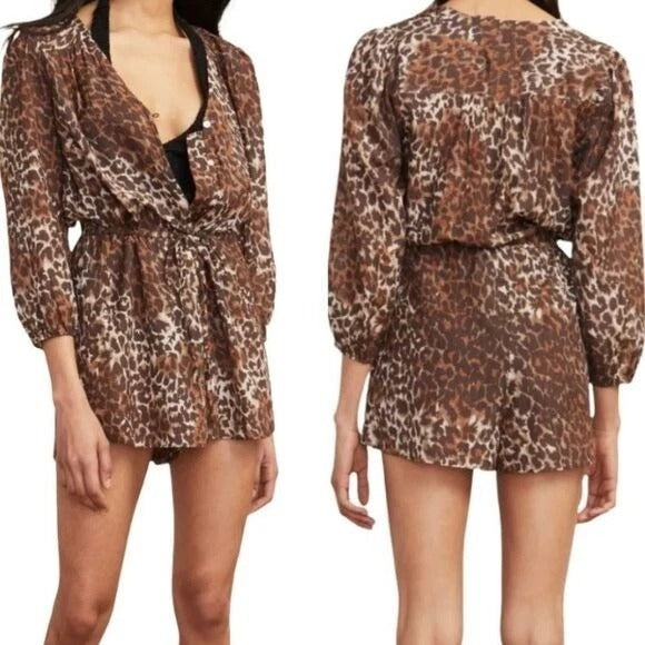 Veronica Beard Leopard Animal Printed Coraline Romper