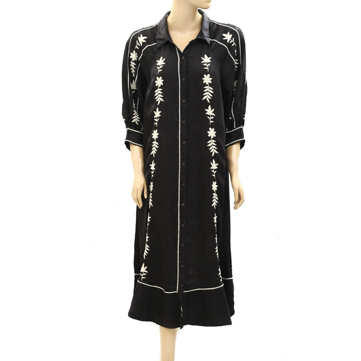 The Great. Floral Embroidered Black Midi Dress