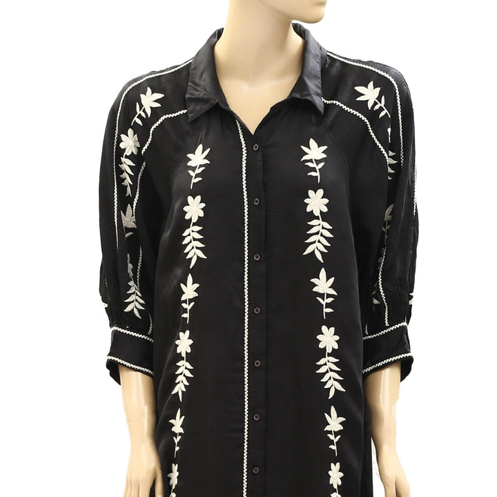 The Great. Floral Embroidered Black Midi Dress