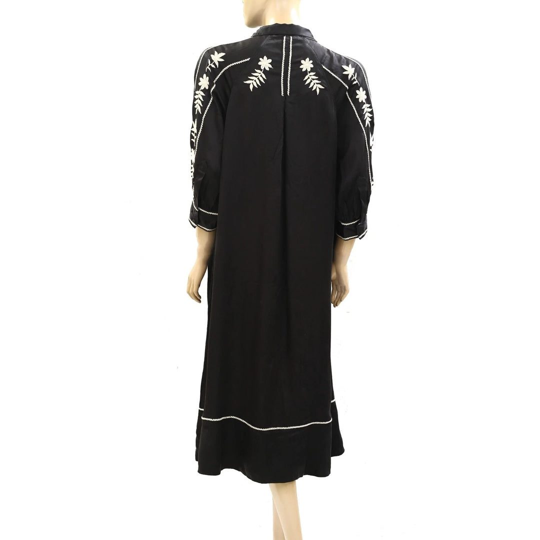 The Great. Floral Embroidered Black Midi Dress