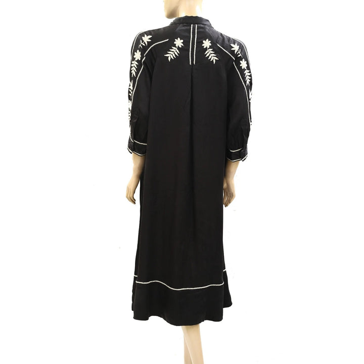 The Great. Floral Embroidered Black Midi Dress