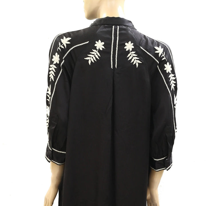 The Great. Floral Embroidered Black Midi Dress