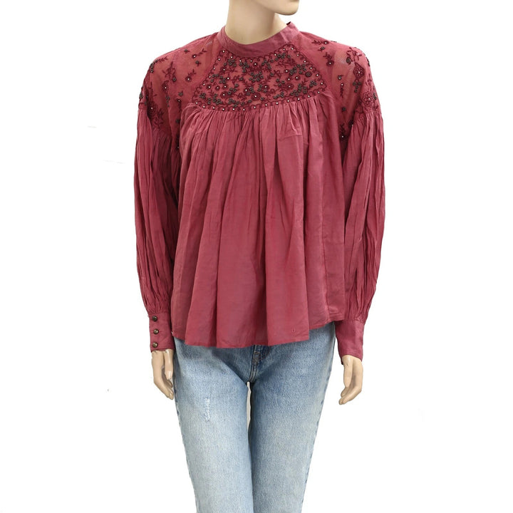Free People Floral Embroidered Beaded Embellished Mesh Blouse Top