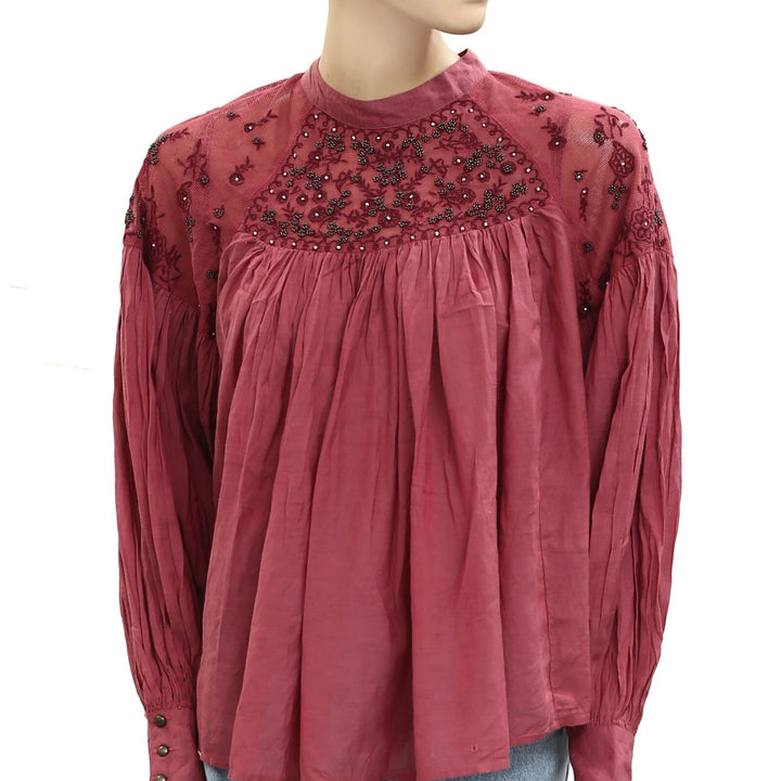 Free People Floral Embroidered Beaded Embellished Mesh Blouse Top