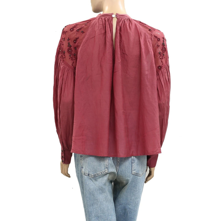 Free People Floral Embroidered Beaded Embellished Mesh Blouse Top