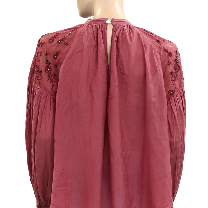 Free People Floral Embroidered Beaded Embellished Mesh Blouse Top