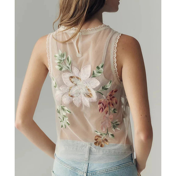 By Anthropologie Sheer Mesh Floral Top