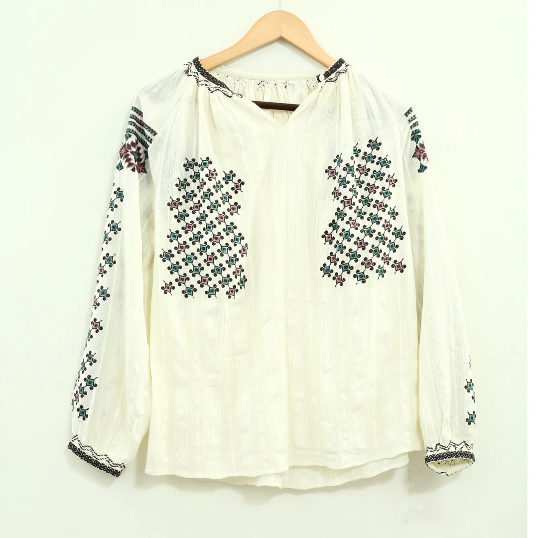 Splash Embroidered Striped Gauze Blouse