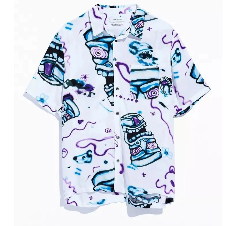 Urban Outfitters UO Face Print Short Sleeve Button-Down Men's Shirt