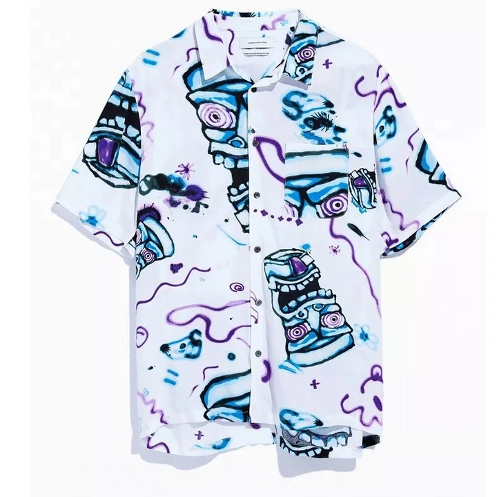 Urban Outfitters UO Face Print Short Sleeve Button-Down Men's Shirt