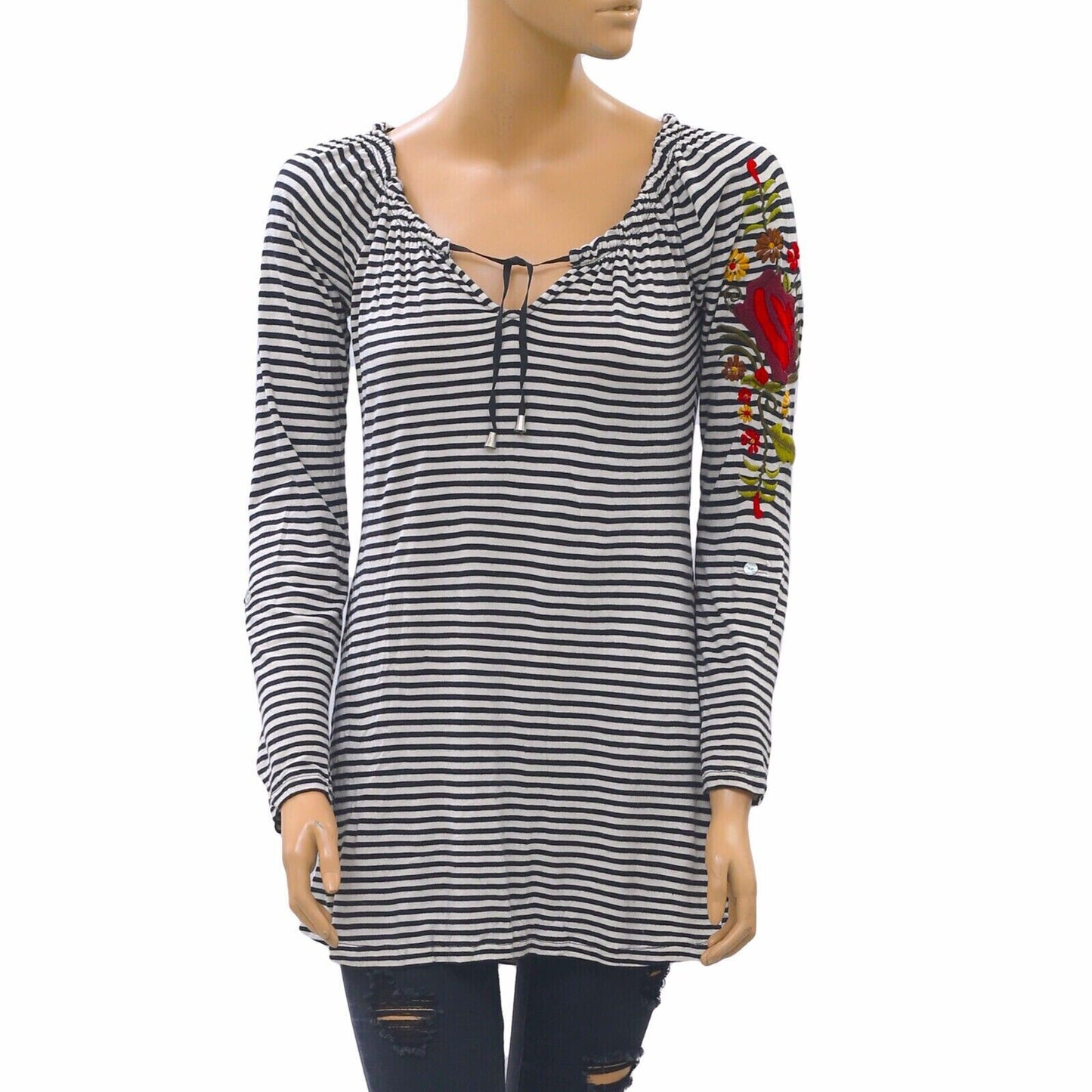 Caite Anthropologie Embroidered Striped Printed Tunic Top