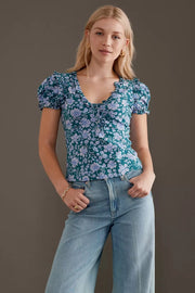 Maeve Anthropologie Puff-Sleeve Ruffle Henley Tee Blouse Top