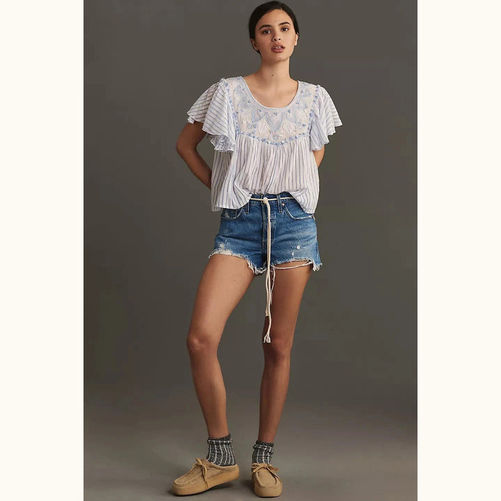 By Anthropologie Embroidered Flutter Sleeve Blouse Top