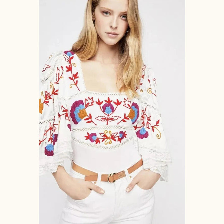 Free People Sunny Meadow Floral Embroidered Bodysuit Top