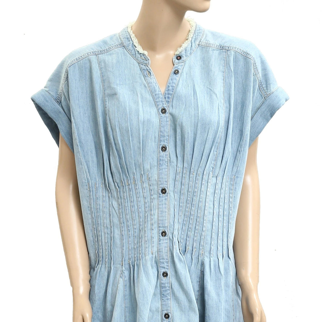 Anthropologie Pilcro Denim Light Shirred-Waist Buttondown Mini Dress