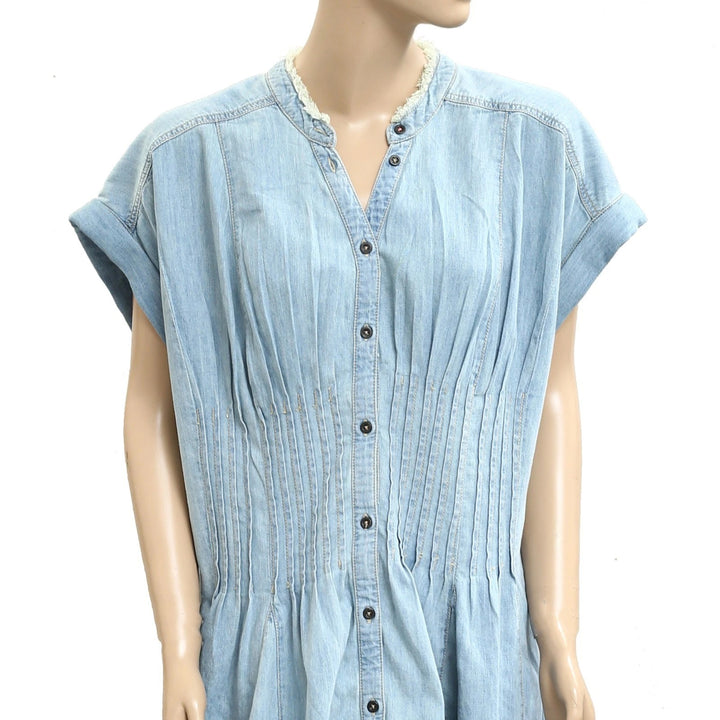 Anthropologie Pilcro Denim Light Shirred-Waist Buttondown Mini Dress