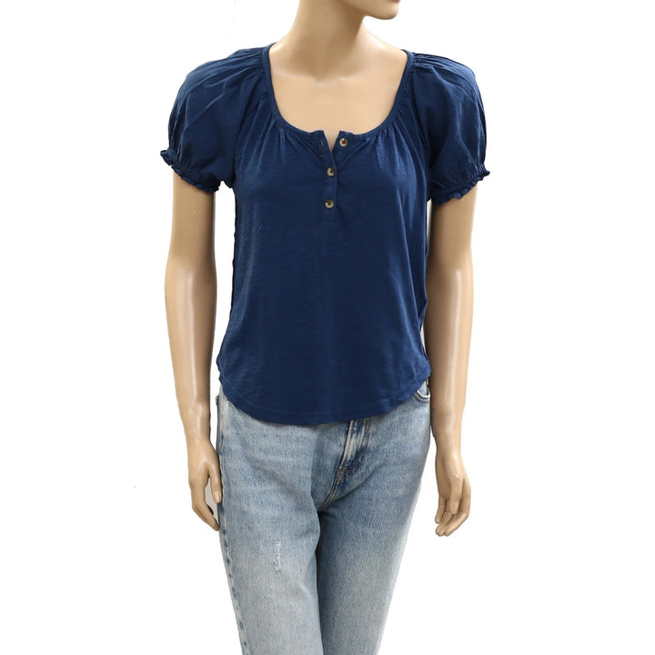 Anthropologie Pilcro Puff-Sleeve Scoop-Neck Henley Tee Blouse Top