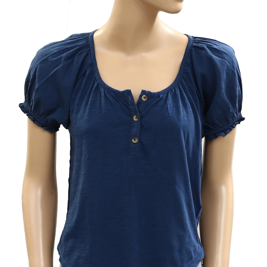 Anthropologie Pilcro Puff-Sleeve Scoop-Neck Henley Tee Blouse Top