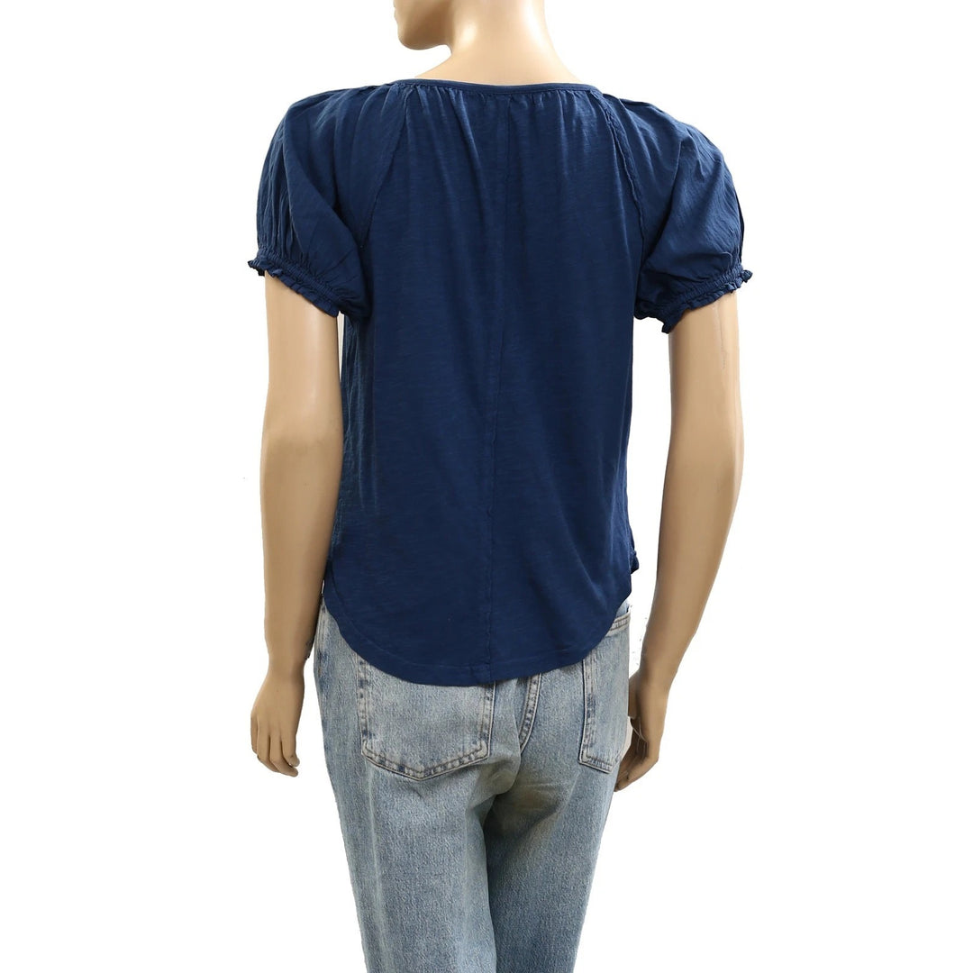 Anthropologie Pilcro Puff-Sleeve Scoop-Neck Henley Tee Blouse Top