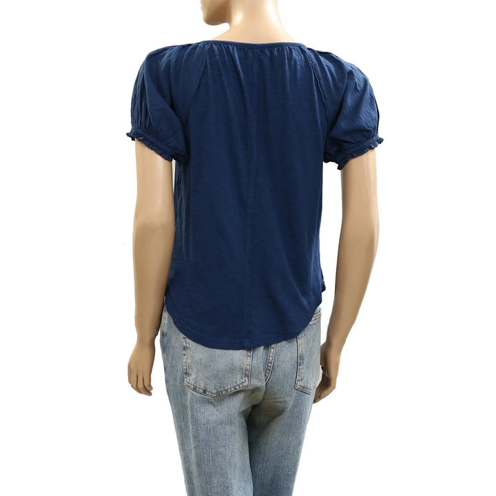 Anthropologie Pilcro Puff-Sleeve Scoop-Neck Henley Tee Blouse Top