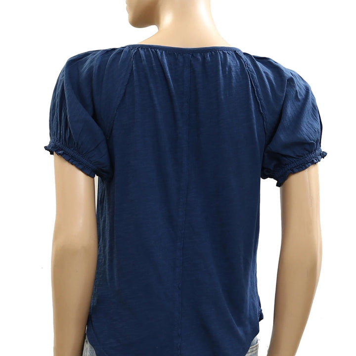 Anthropologie Pilcro Puff-Sleeve Scoop-Neck Henley Tee Blouse Top